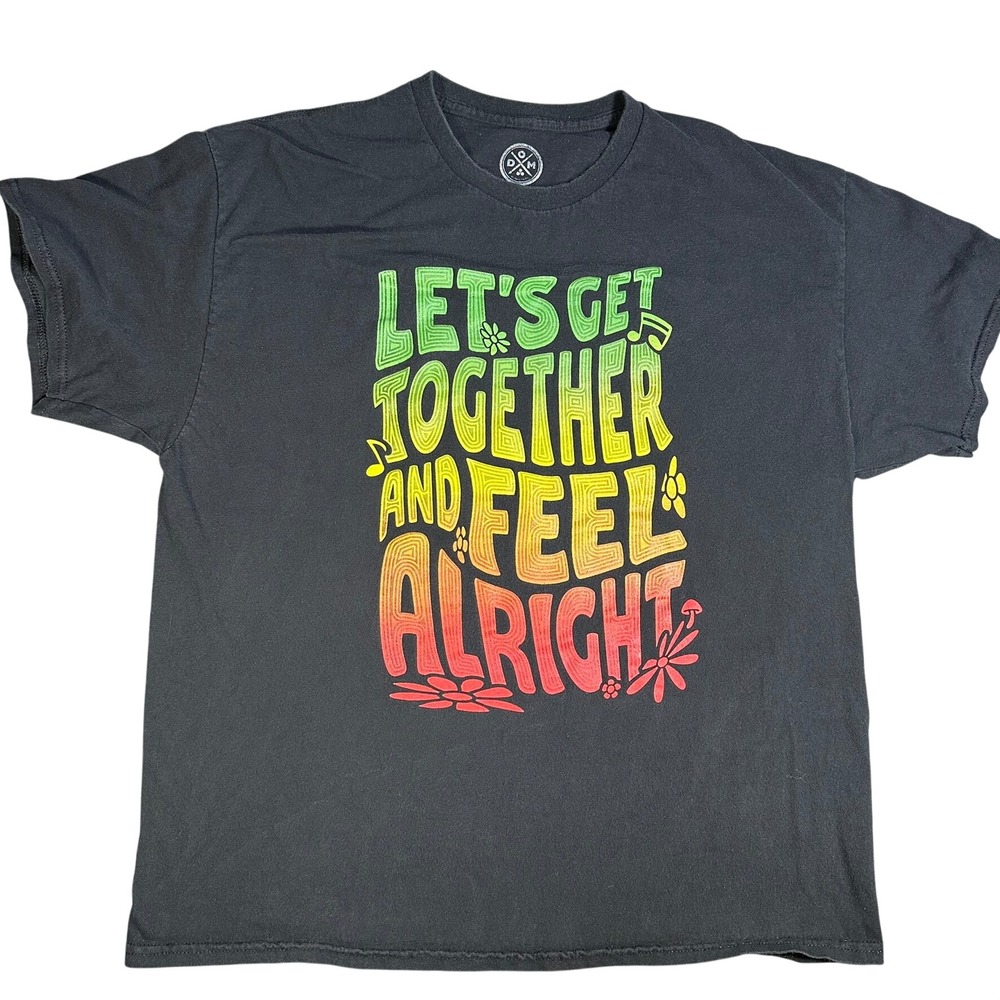 DOM Mens XL Graphic T-Shirt Black Lets Get Together and Feel Alright Rasta Print